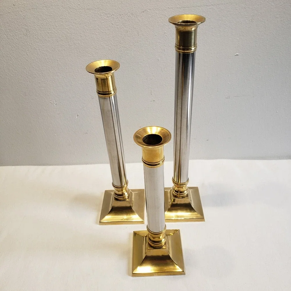 Candlestick Holders Brass Silver Mixed Metal Graduated Set of 3 Vintage